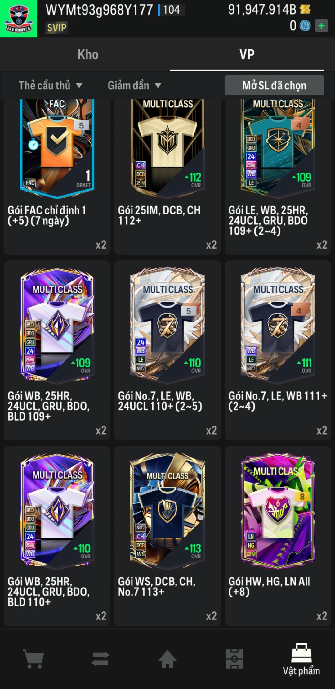 Ảnh ACC mở thẻ (LOẠI SUPER VIP) bao gồm có hơn 900+ đến 1100+ thẻ cầu thủ từ Siêu sao đến Miền núi các loại (ngẫu nhiên có: 01 thẻ +12 và 03 thẻ PRIME QH, XS, CP...) Acc có sẵn BP trắng từ 80.000 tỷ BP đến 120.000 tỷ BP kèm theo nhiều ngày SVIP